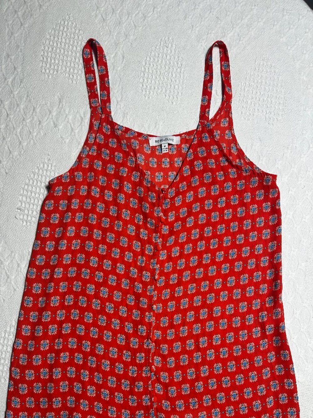Rose + Olive Medium Red Floral Button Front Cami Tank Top Boho